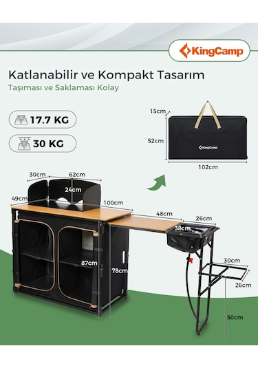 Kingcamp Premium Camp Kitchen Station Bambu Portatif Kamp Mutfağı Ahşap - Siyah