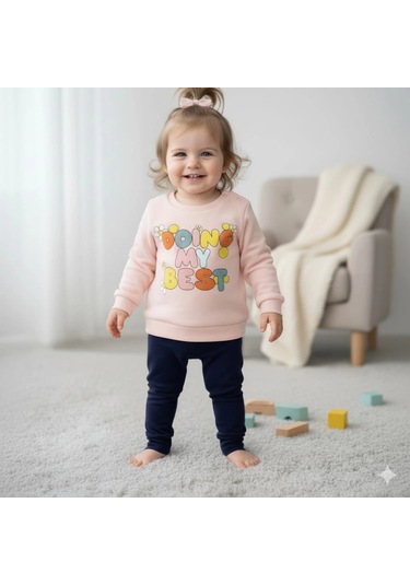 Kız Bebek Baskılı Çıt Çıtlı Alt Üst İkili Gündelik Takım 6-18 Ay Pudra