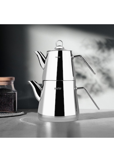 Nehir Alya Maxi Büyük Boy Paslanmaz Çelik 1.10-2.15 Lt. Çaydanlık Takımı Gümüş