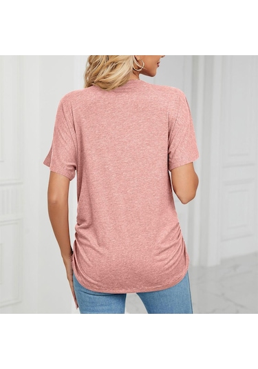 Bordo Hnxc Kadın Moda Günlük Yaz Düz Renk Baskı Kısa Kollu V Yaka Bluzlar Ve Gömlekler Bordo