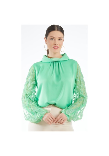 Modern Ve Şık Kadın Bluz - Transparan Taş İşlemeli Uzun Kol - Özel Gün Ve Davetler İçin Bluz Koyu Yeşil