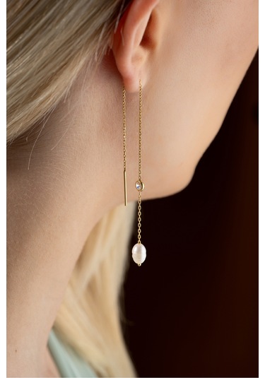 Nereze 925 Ayar Gümüş Gold Tektaş Detaylı İncili Zincir Küpe