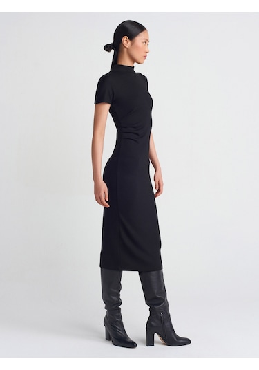 Dilvin 91297 Streç Örme Midi Elbise Siyah