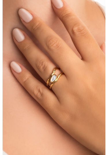 Sedef Masalı 18 Ayar Sarı Altın Kaplama Ayarlanabilir Gümüş Yüzük Sarı