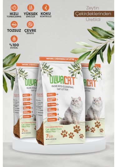 Olivacat Zeytin Çekirdeğinden Üretilen Doğal Tozsuz Kedi Kumu 3 x 7 L
