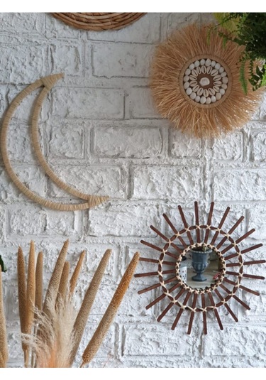 3'lü Set Rafya Deniz Kabuklu Model & Kahverengi Rattan Çubuk Ayna & Rafya Ay M073