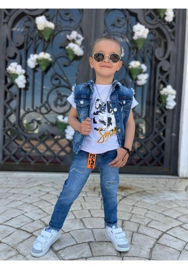 Uğur Böceği Çocuk Kurt Desenli Kot Yelekli Pantolon Tshirt Üçlü Erkek Takım 2-12 Yaş Mavi