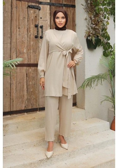 Yandan Bağlamalı Tesettür Bej Takım Bej
