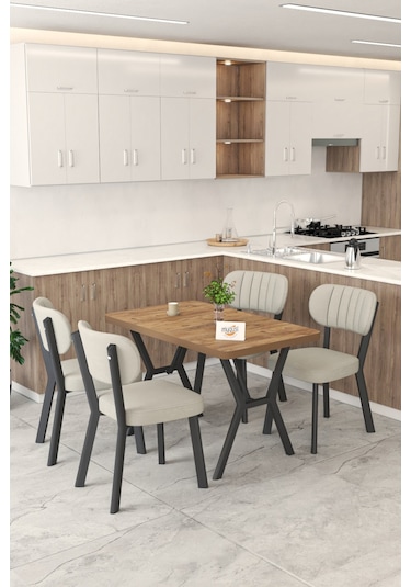 Gnr 70x110cm Sabit Atlantik Mutfak Masası Takımı, Yemek Masası, 4 Modern Krem Sandalye Gri