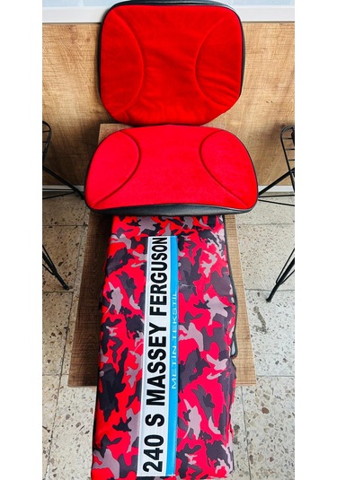 Massey Ferguson 240 Traktör Desenli Branda Ve Düz Kırmızı Koltuk Kılıfı Takım