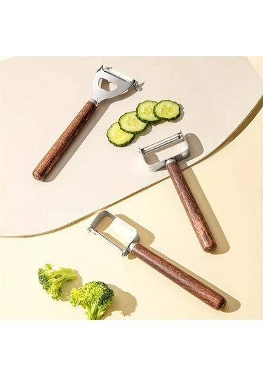 Techbloom 3 Parça Paslanmaz Çelik Soyacak Seti Akasya Ahşap Saplı Meyve Sebze Patates İçin 001 Siyah