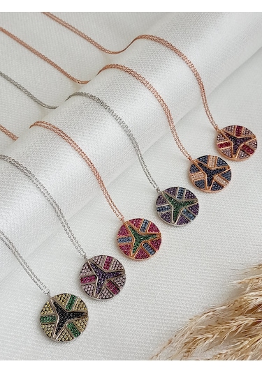 Gümüş Yeşil Mavi Pembe Zirkon Taş Barış Peace Madalyon Kolye