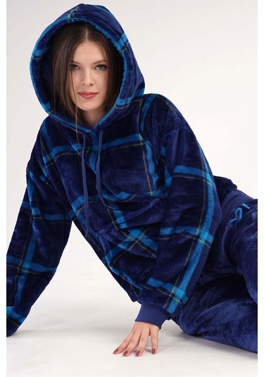 Kadın Welsoft Kapüşonlu Uzun Kol İndigo Pijama Takımı C3t0n3o088 001