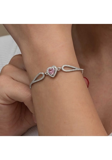 Blackcraft Gümüş Pembe Zirkon Taşlı Kalp Bileklik Bc-c3f0ff Renkli