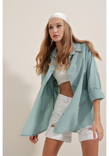 Bigdart 3900 Oversize Uzun Basic Gömlek - Su Yeşili 001