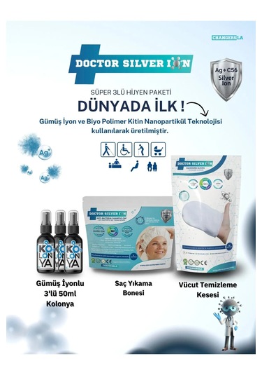 Doctor Silver Ion Gümüş İyonlu Kolonya 3 x 50 ML + Vücut Temizleme Kesesi + Saç Yıkama Bonesi