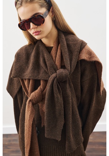 Kare Yaka Bağlamalı Triko Atkı Kahverengi Kahverengi