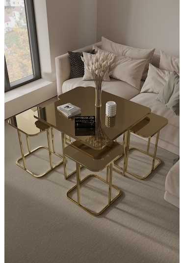 4+1 Gold Kaplama Bronz Ayna Radüslü Orta Sehpa