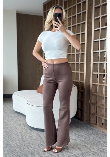 Kahverengi Süet Yandan Fermuarlı Pantolon - 40578 Kahverengi