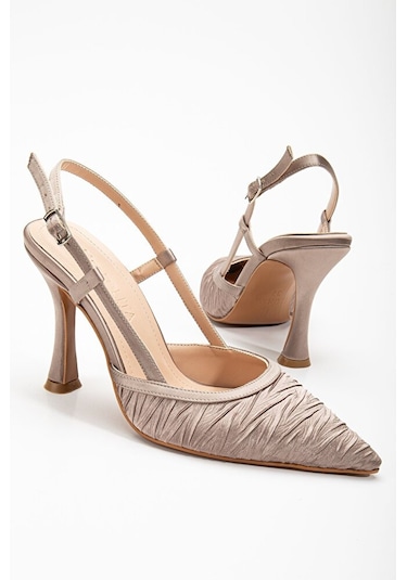Arkası Açık Saten Özel Tasarım Stiletto Vizon