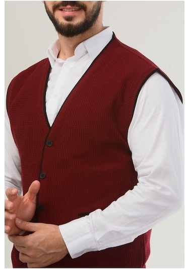 Kamalı Bordo Erkek V Yaka Triko Düğmeli Cepli Çizgi Desenli Regular Fit Tüylenmeyen Örgü Yelek Bordo