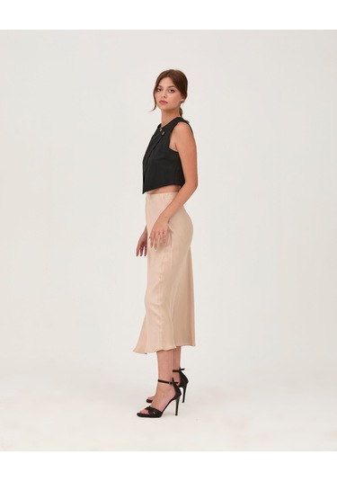 Düz Saten Verev Uzun Etek Bej Bej