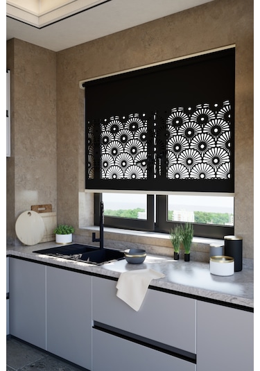 Lazer Kesim Mat Stor Perde, Lazer Kesimli Modern Serisi, M-121008 Siyah Renk Siyah