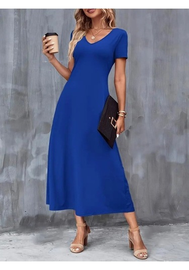 Kadın Kısa Kollu V Yakalı Cepli Viskon Elbise Saks Mavi