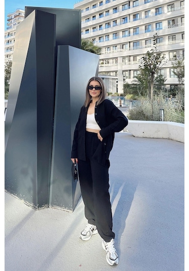 Kadın Siyah Salaş Uzun Gömlek & Beli Lastikli Pantolon - Alt & Üst Müslin Kumaş Takım Siyah