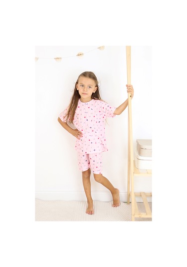 Kız Çocuk Pamuklu Penye Kumaş Şortlu Pijama Takımı Beyaz - Pembe