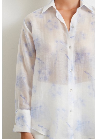 Organze Desenli Tül Gömlek Mavi Mavi