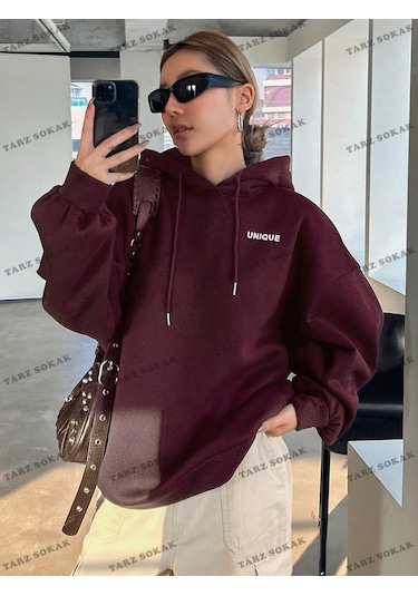 Y2k Trend Sezon Unisex Retro Sweatshırt Kapşonlu Kod 1809 Trz1908 Bordo