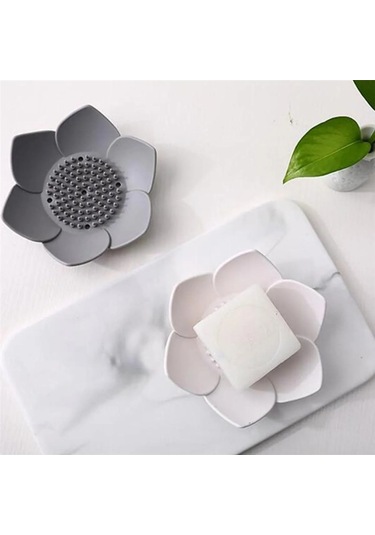 2 Adet Lotus Desenli Sabun Ve Sünger Tutacağı Silikon Gri Su Giderli Lotus Şık Katı Sabunk Diğer