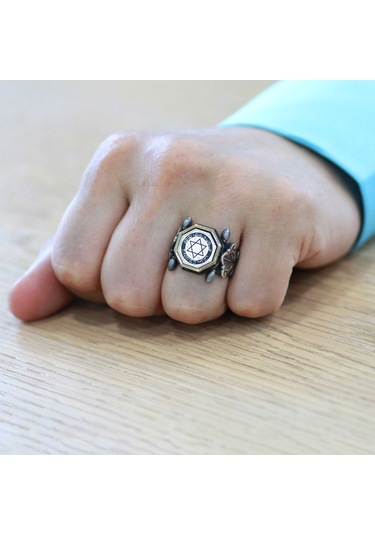 Otantik Tasarım Siyah Zirkon Taşlı"mühr-i Süleyman" İşlemeli 925 Ayar Gümüş Erkek Yüzük