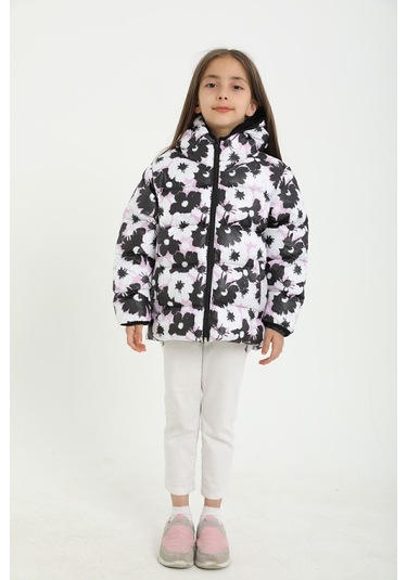 Freemen Kız Çocuk Beyaz Mor Çiçek Desen Polar Su Ve Rüzgar Geçirmez Kapüşonlu Şişme Kışlık Mont Beyaz