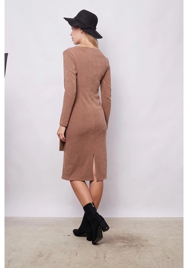Kadın Hafif Likralı Triko Kruvaze Anvelop Bağcıklı Uzun Kol Diz Altı Uzun Elbise-camel Camel