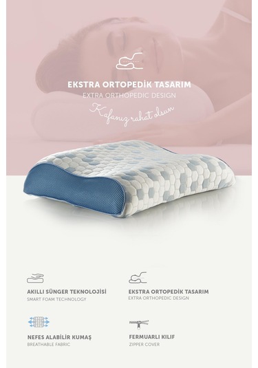 Pafu Visco Çift Boyun Destekli Kumaşlı Cooler Ortopedik Yastık Beyaz - Mavi