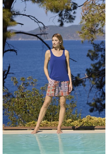 Monamise Kadın Etnik Desenli Oyuk Yaka Askılı Alt Üst Takım 25030 Saks