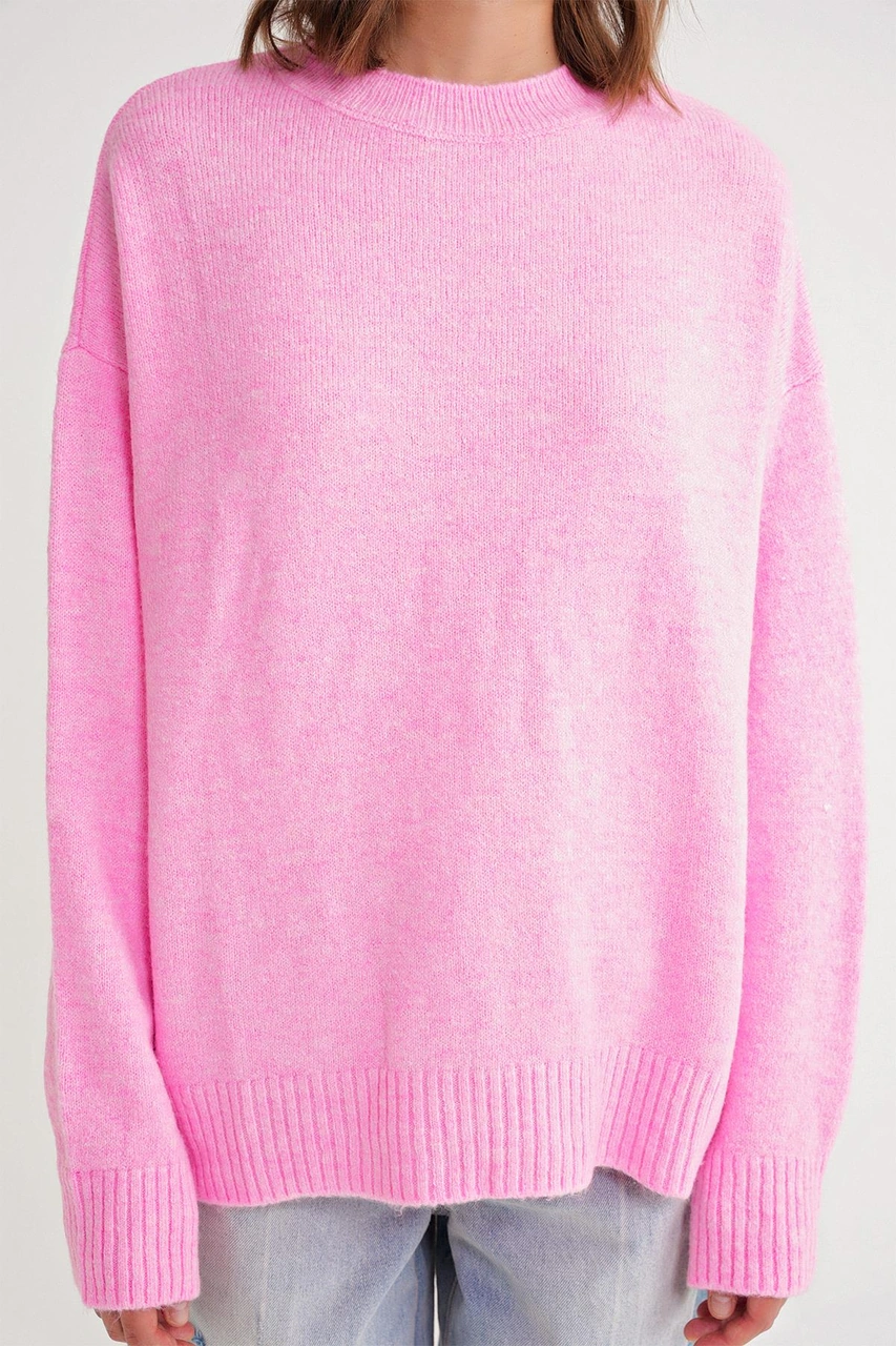 Mixray 6913 Kadın Salaş Yumuşak Dokulu Oversize Triko Kazak Pembe