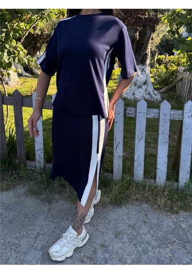 Laci %100 Pamuk Yandan Çizgili Midi Takım Lacivert