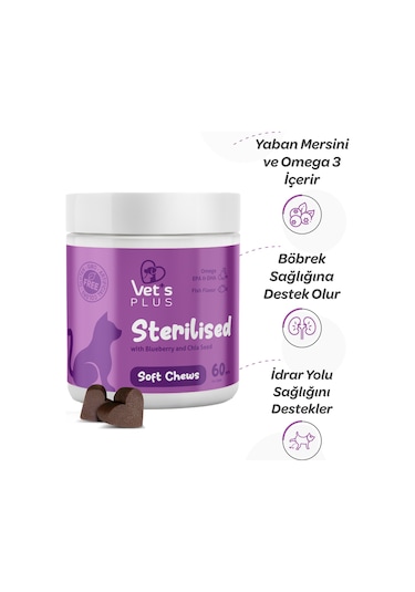 Vet's Plus Sterilised Çiğnenebilir Tablet 60'lı Kısır Kediler İçin Yaban Mersinli Urinary Destek