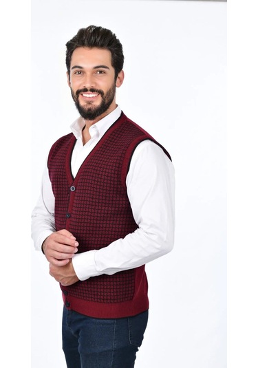 Kamalı Bordo Erkek Çelik Örgü Düğmeli Cepli Kazayağı Desen Tüylenmeyen Triko Kışlık Kazak Yelek Bordo