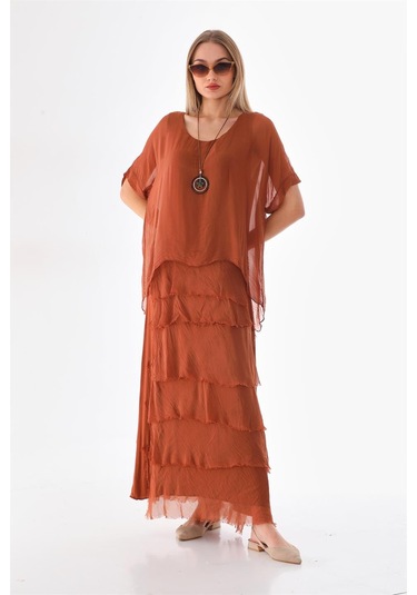 İtalyan 2 Beden İnce Gösteren Yarım Kol Kat Kat Ipek Elbise Tarçın