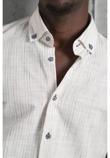 Advante İnce Çizgili Yaka Düğmeli Katlamalı Kol Pamuklu Slimfit Yazlık Keten Gömlek Kahve