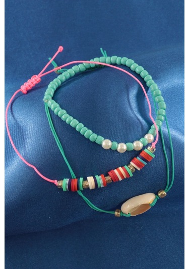 3lü Deniz Kabuğu İncili Boncuklu Asansörlü Lastikli İp Bileklik. Kadın İp Bileklik Halhal Çok Renkli