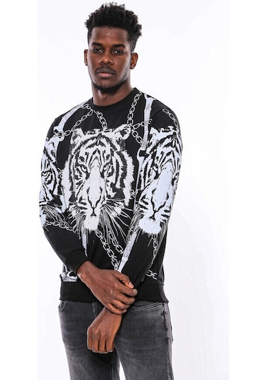 Wessi Siyah Taşlı Baskılı Bisiklet Yaka Sweatshirt Siyah