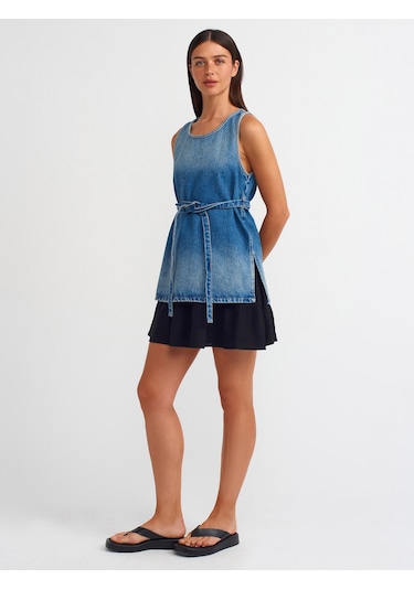 Dilvin İnce Kemerli Denim Bluz Mavi