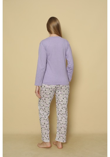 Kadın Penye Sıfır Yaka Uzun Kol Pijama Takımı Lila Happy