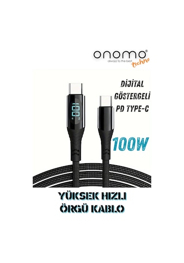 Techno 100w Type-c Dijital Göstergeli Şarj Ve Veri Kablosu, Örgülü, 120cm , Siyah