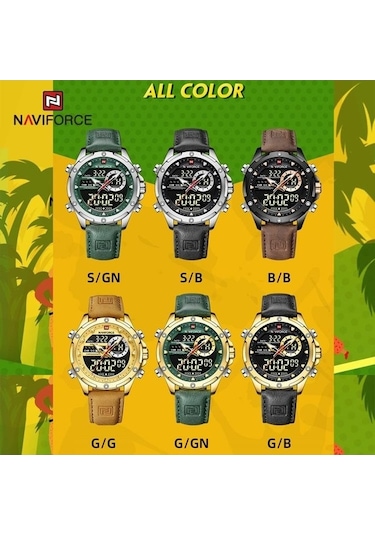 Naviforce Nf9208 Çift Ekran Kuvars Analog Lcd Dijital Erkek Saat Deri Kayış Gümüş - Yeşil Çok Renkli